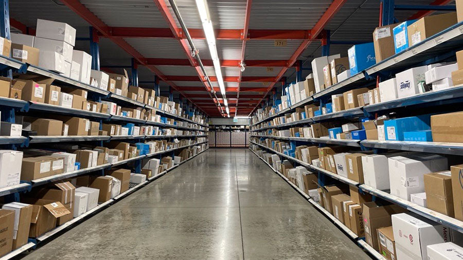 Warehouse with shelves filled with boxes