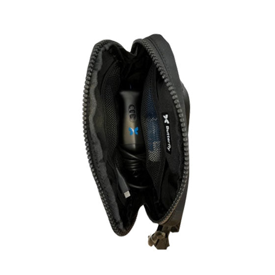 Black zippered pouch with a portable ultrasound device inside on a white background