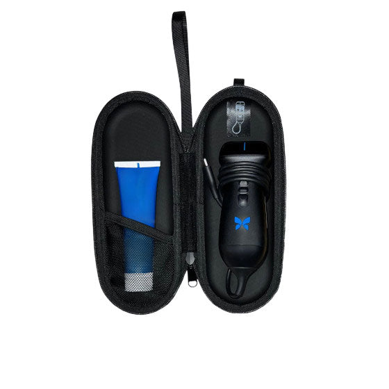 an open black mini soft case to carry a portable ultrasound device with the example of a device and a gel tube tucked inside