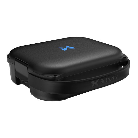 closed black hard case with a blue butterfly logo for a portable handheld ultrasound device