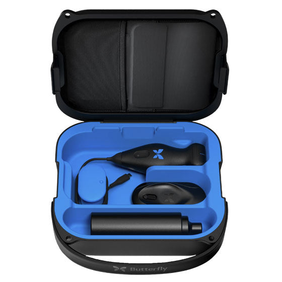 black hard case with blue inside lining open with ultrasound device, a tube of gel, and charger inside