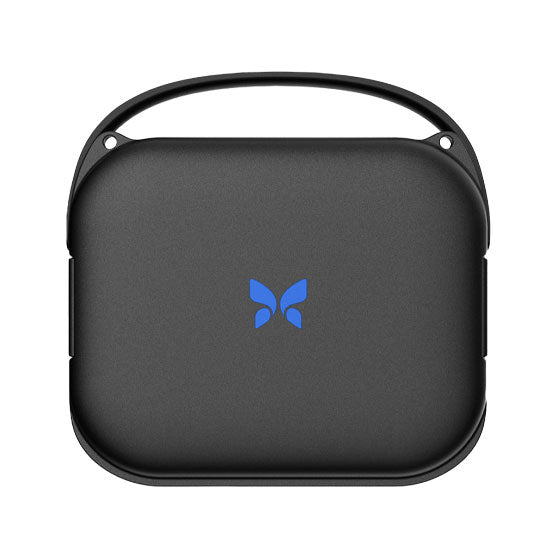 Black carrying case with a blue butterfly logo on a white background