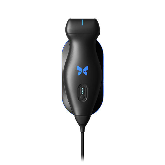 Black ultrasound device with a blue butterfly logo on a white background