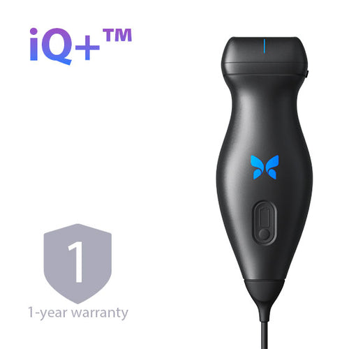 Black ultrasound device with butterfly logo, 1-year warranty icon  and iQ+ branding on a white background