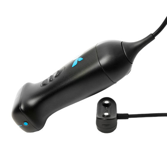 Black ultrasound device and its charger with blue butterfly logo on a white background