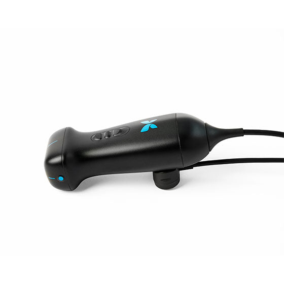 Black ultrasound handheld device with a cable on a white background
