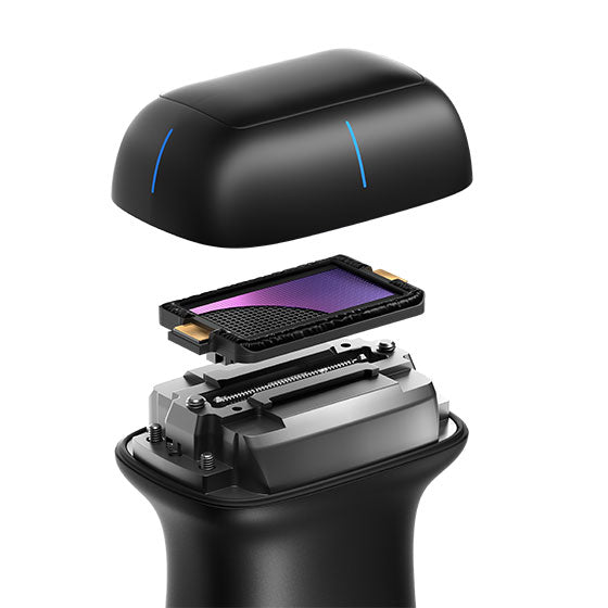 Black ultrasound device with a purple internal panel on a white background