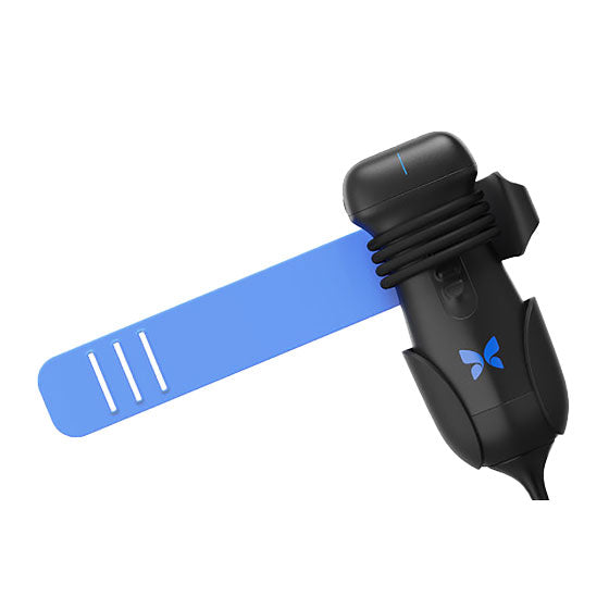 Black electronic device with a blue strap on a white background