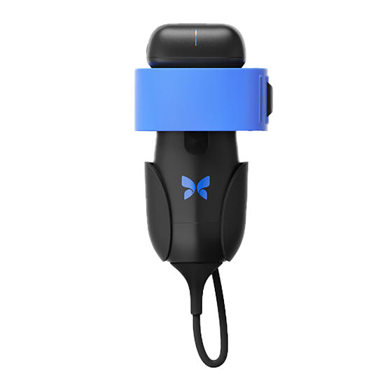 Black electronic device with a blue holster on a white background