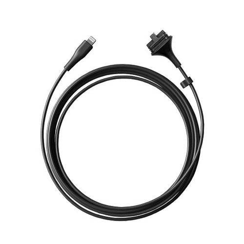 a black coiled lightning cable for a portable ultrasound device on a white background