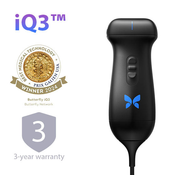 Black medical ultrasound device with iQ3 branding and Butterfly Network logo on a white background