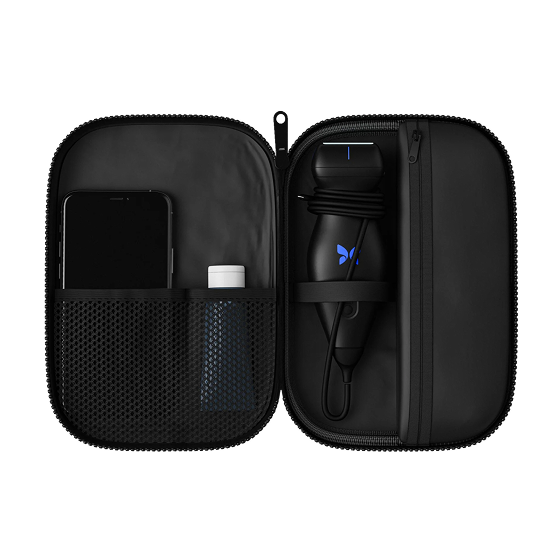 Black opened travel case with compartments for Butterfly ultrasonic devices